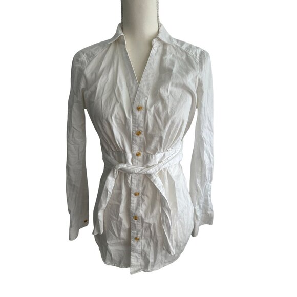 MAEVE Anthropologie White Belted Button Down Size 4 - Picture 3 of 5